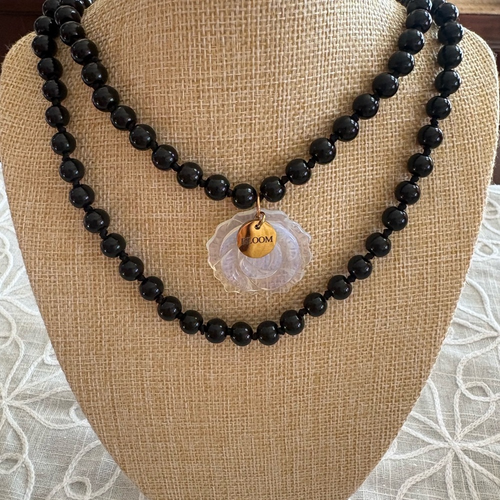 “Bloom” + White Crystal Rose Black Beaded Necklace with Gold Charm